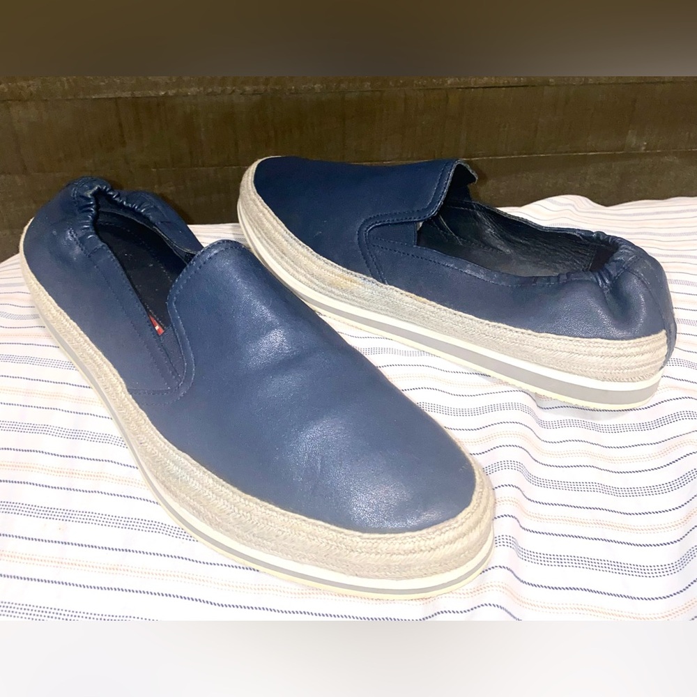 PRADA Men’s Navy SAINT TROPEZ Leather Espadrille Slip-On Sneaker Shoes 7